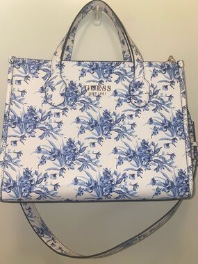 GUESS White & Blue Floral Tote